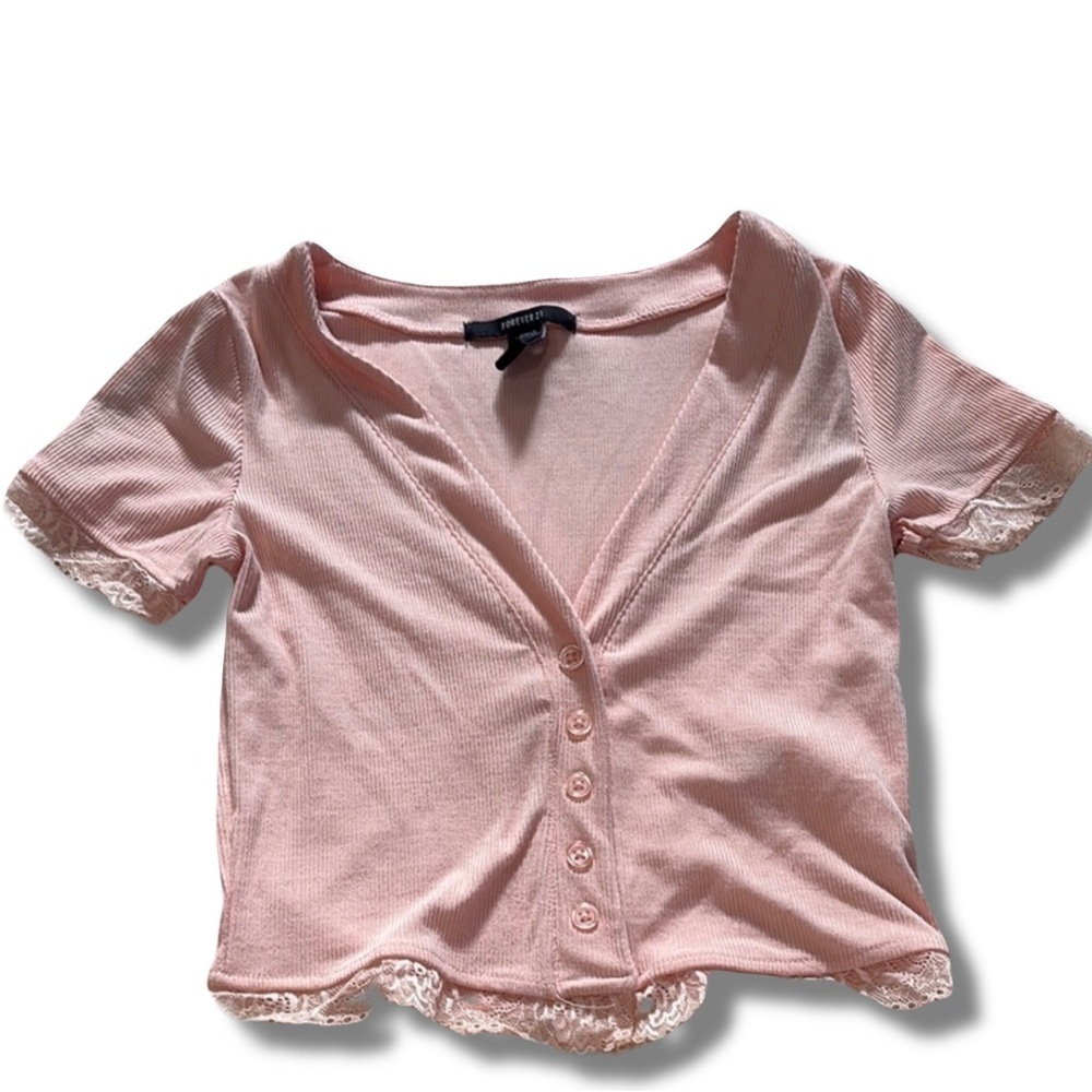 Forever 21 Pink Lace Trim Baby Tee | Y2K Button Front Crop Top XS - Picture 2 of 6